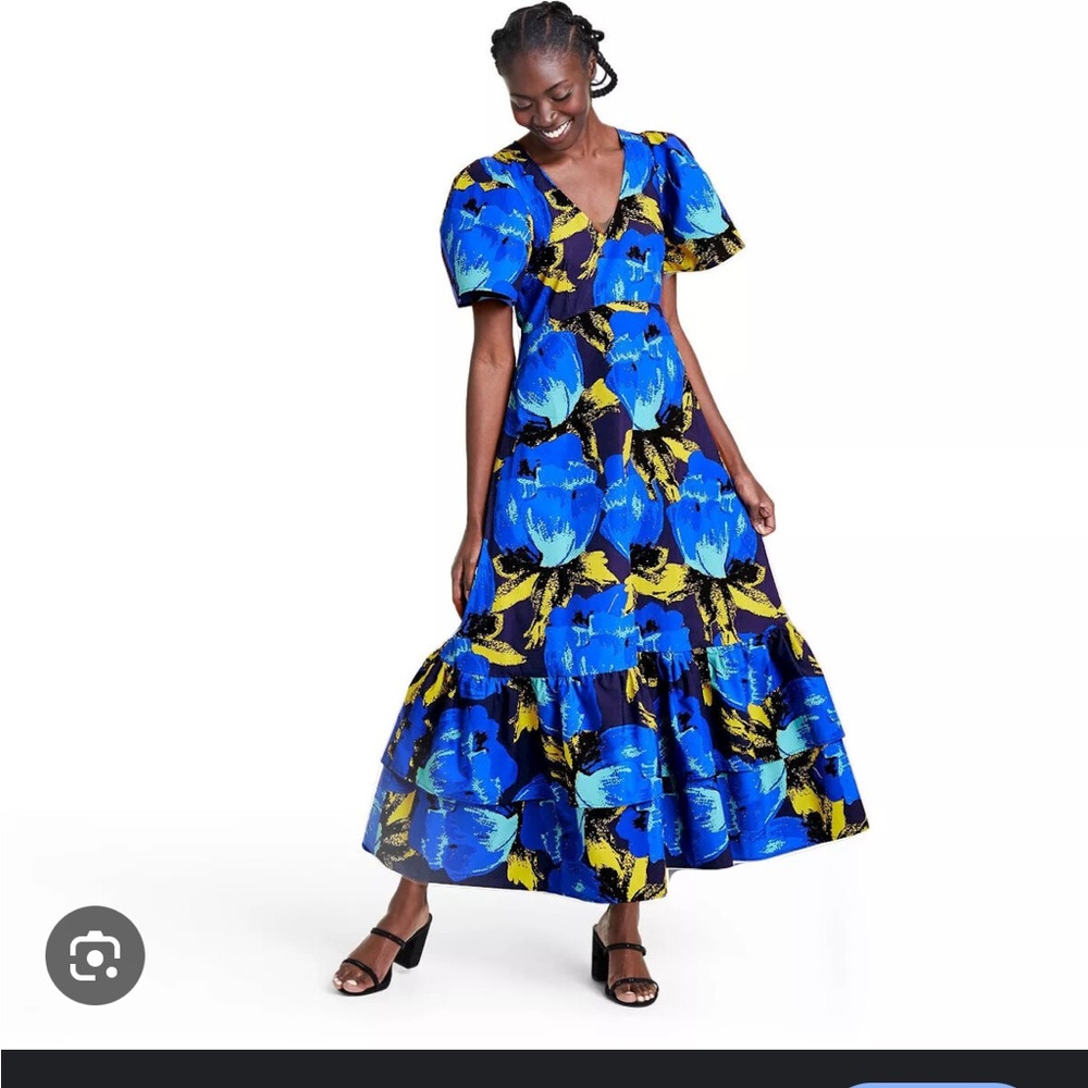 Christopher John Rogers blue puff sleeve maxi dress